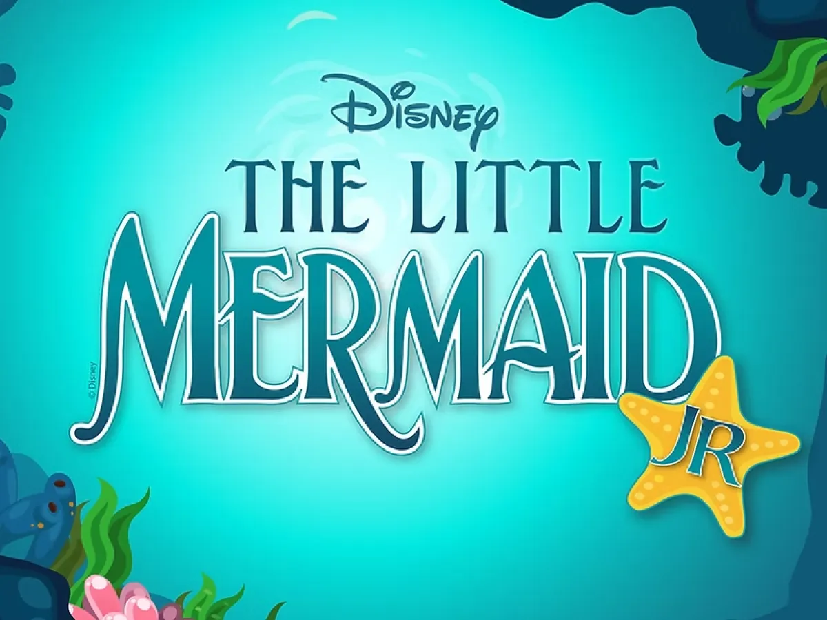 Logo for Disney's The Little Mermaid Jr., with underwater plants and a starfish on a blue background.