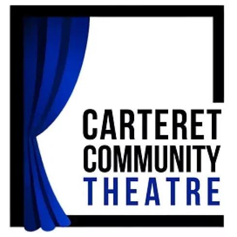 A blue stage curtain opens on the left, framing the text "Carteret Community Theatre" in black and blue.