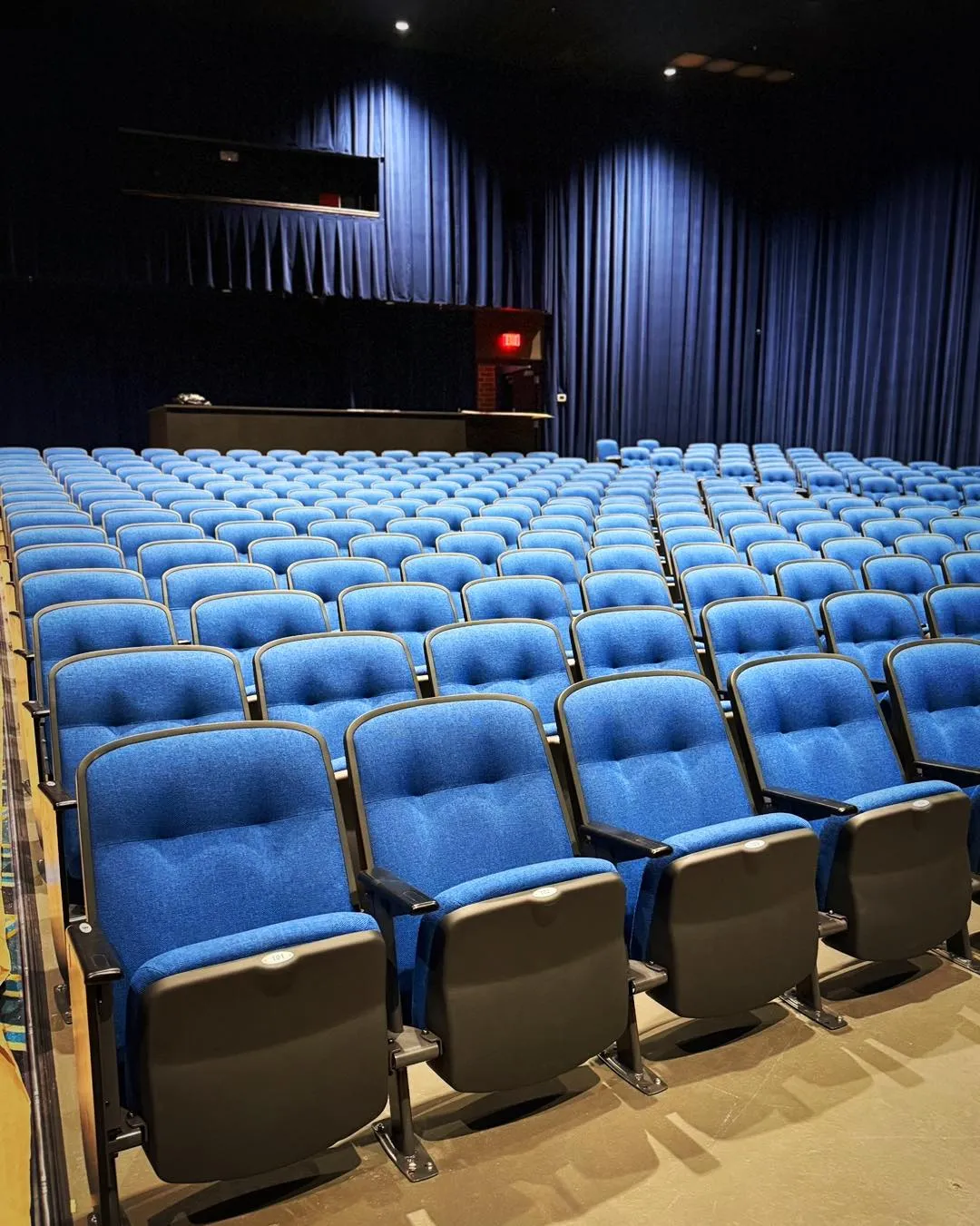 Rows of empty blue seats in a theater or auditorium with blue curtains in the background.