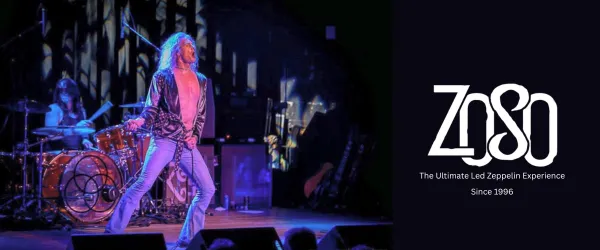 Singer and drummer perform on stage next to text reading "Zoso: The Ultimate Led Zeppelin Experience Since 1996.