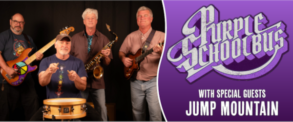 Four men with musical instruments pose next to a Purple Schoolbus band logo and ‘Jump Mountain’ text on a purple background.