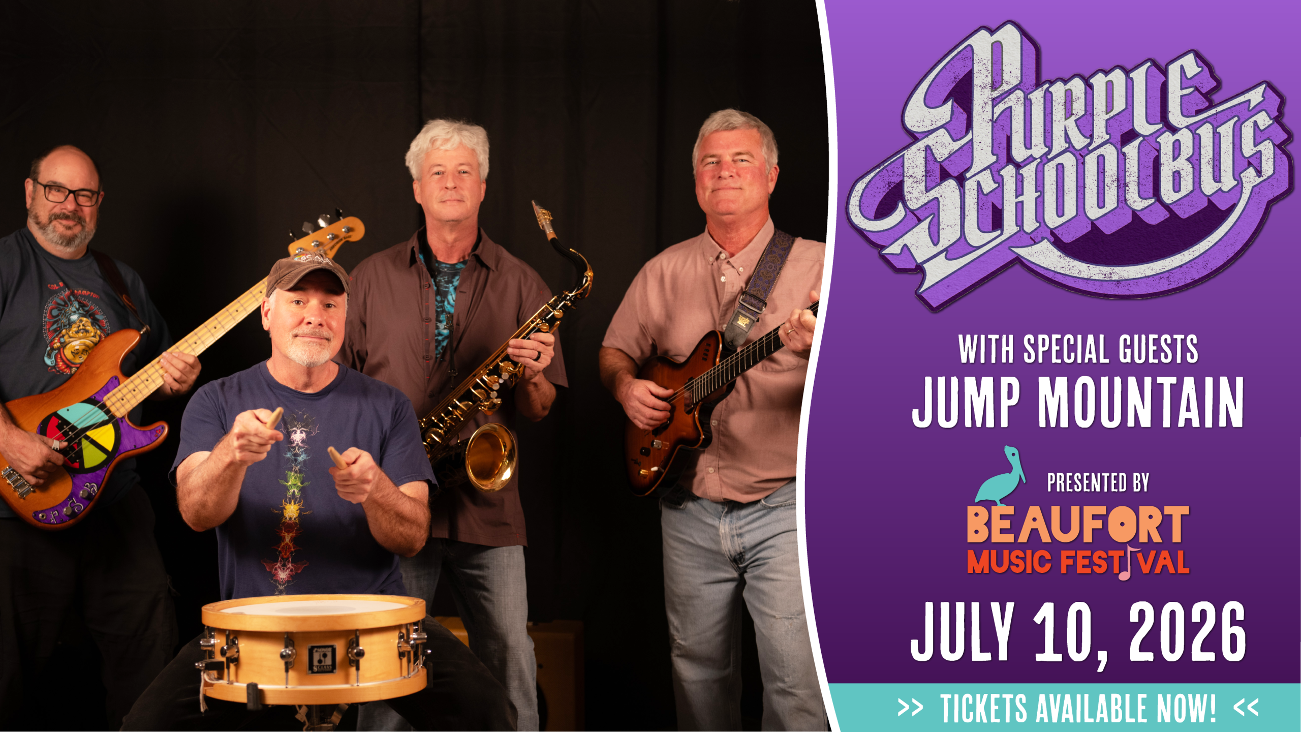 Four men with instruments pose in front of a Purple Schoolbus concert poster for July 10, 2026.