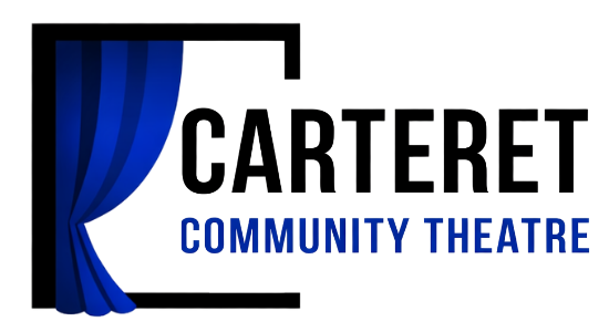 Logo with blue stage curtains and the text “Carteret Community Theatre.”.