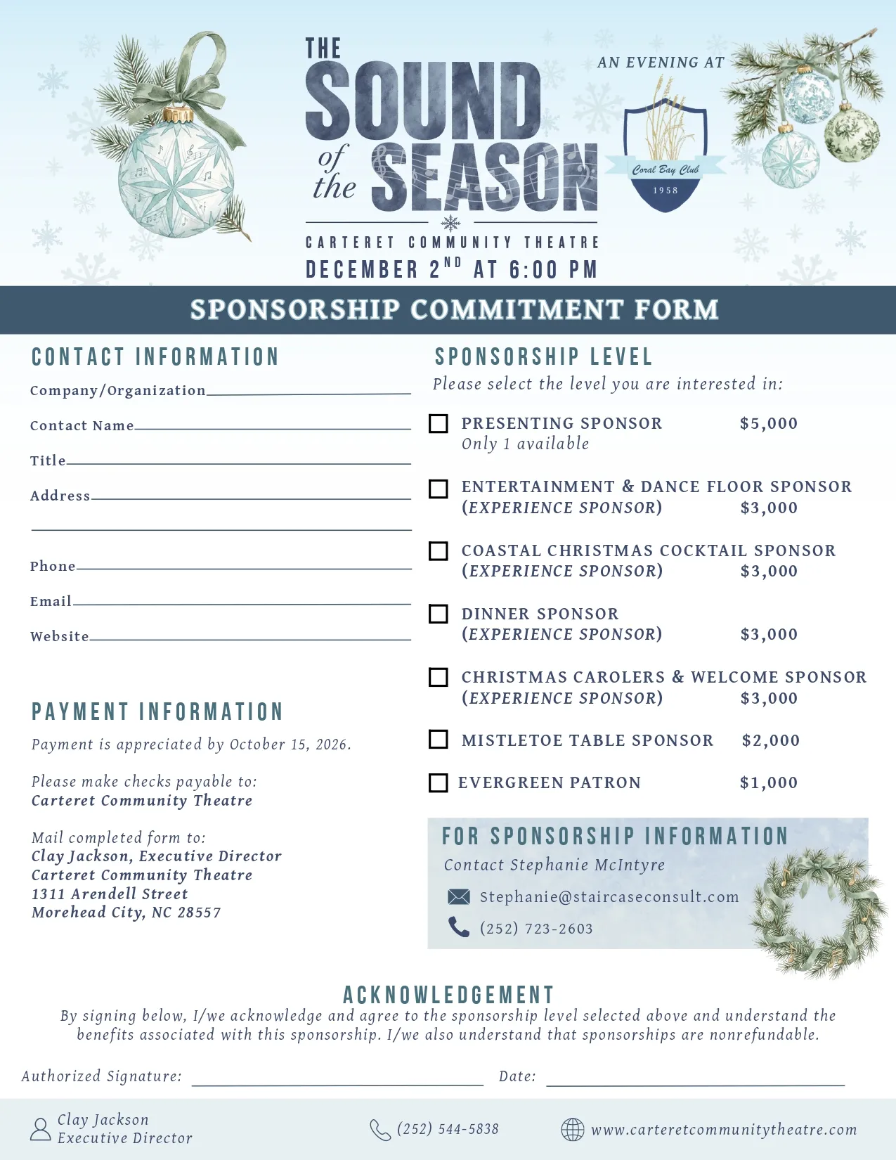 Sponsorship commitment form for “The Sound of Season” event with sponsor levels and contact details.