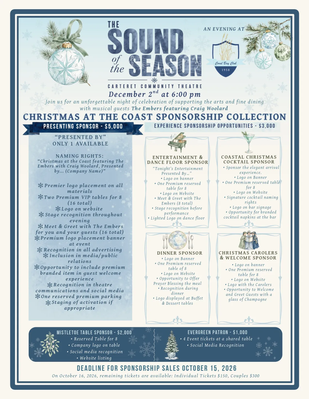 A festive event flyer with snowflakes, ornaments, and details about Christmas at the Coast sponsorship opportunities.