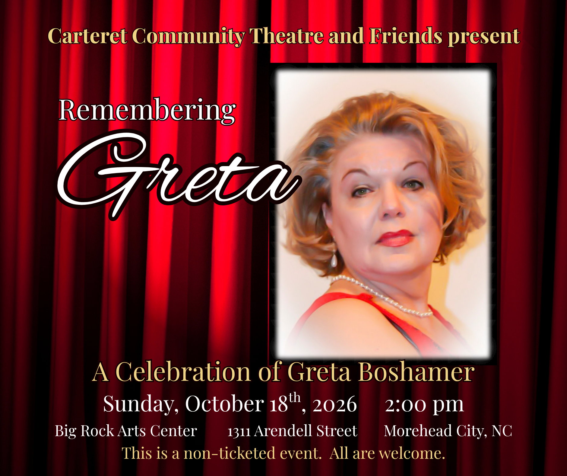 A memorial event poster with a portrait of Greta Boshamer, details, and red theater curtain background.